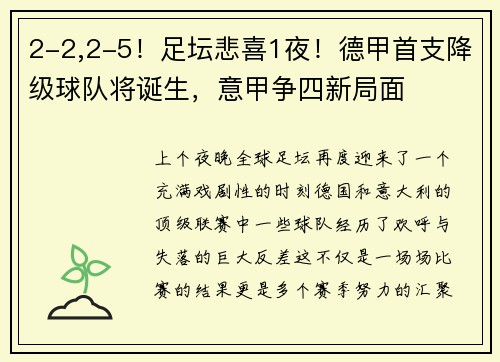 2-2,2-5！足坛悲喜1夜！德甲首支降级球队将诞生，意甲争四新局面