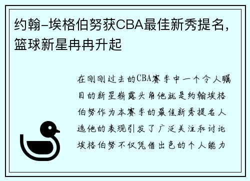 约翰-埃格伯努获CBA最佳新秀提名，篮球新星冉冉升起