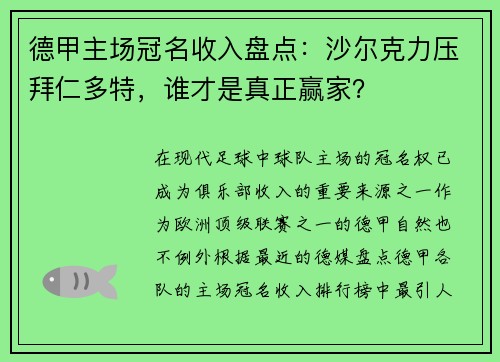 德甲主场冠名收入盘点：沙尔克力压拜仁多特，谁才是真正赢家？