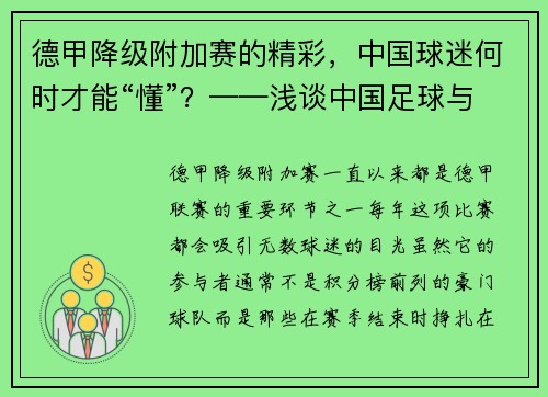 德甲降级附加赛的精彩，中国球迷何时才能“懂”？——浅谈中国足球与德甲文化差异