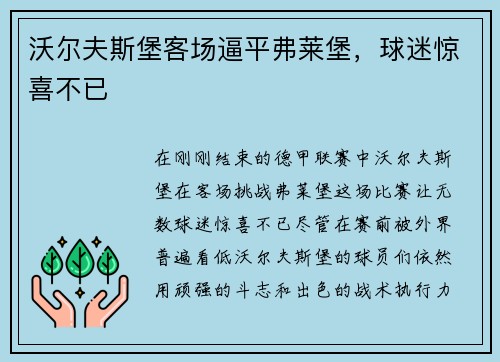 沃尔夫斯堡客场逼平弗莱堡，球迷惊喜不已